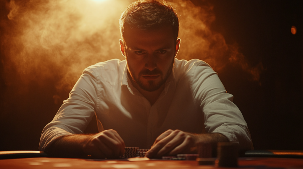 tephao cinematic medium shot of a focused male poker player a a5c88ae3 2d1d 4c5a a906 c9c0e52cdb3e 2